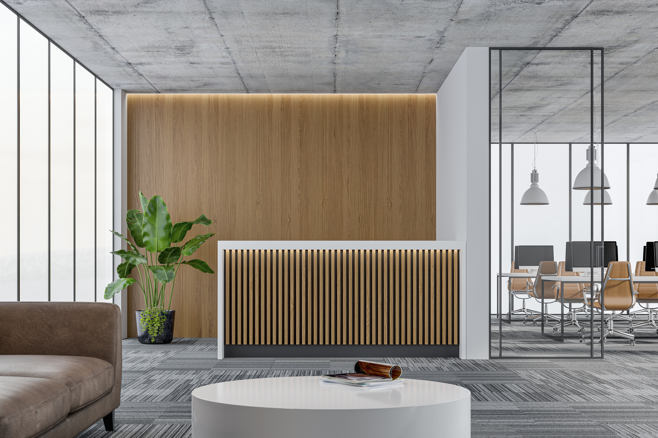 Large office interior: a reception desk, a lounge corner with copy space and wordesks behind glass door Your Step-by-Step Guide to Buying a Home in Minnesota - KPT Mortgage Advisors